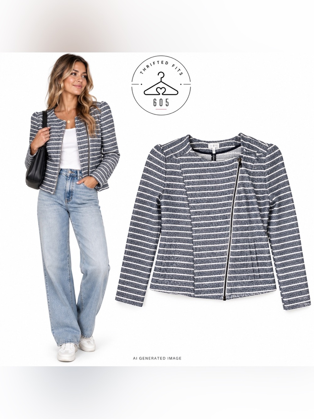 Lou & Grey Navy and White Striped Zip-Front Jacket